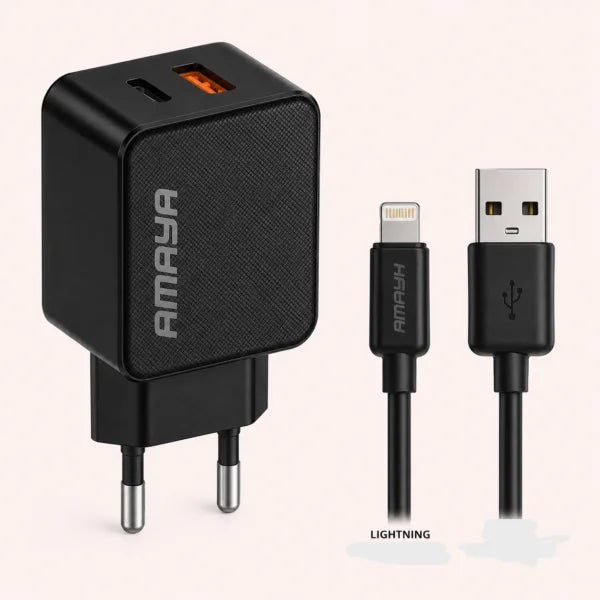 Amaya E110L: Dual-USB 12W Wall Charger with Lightning Cable