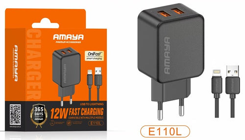 Amaya E110L: Dual-USB 12W Wall Charger with Lightning Cable